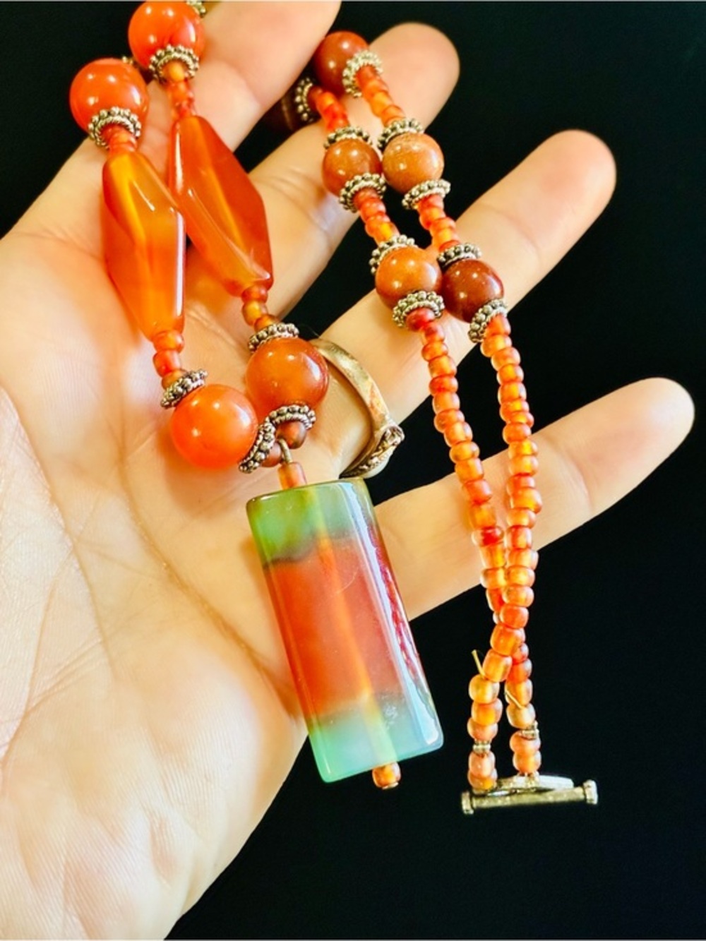 Orange Beaded Natural Stone Necklace with Multicolor Rectangular Pendant VTG EUC